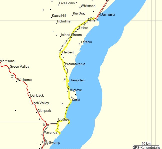 Route von Oamaru zum Swan Lake