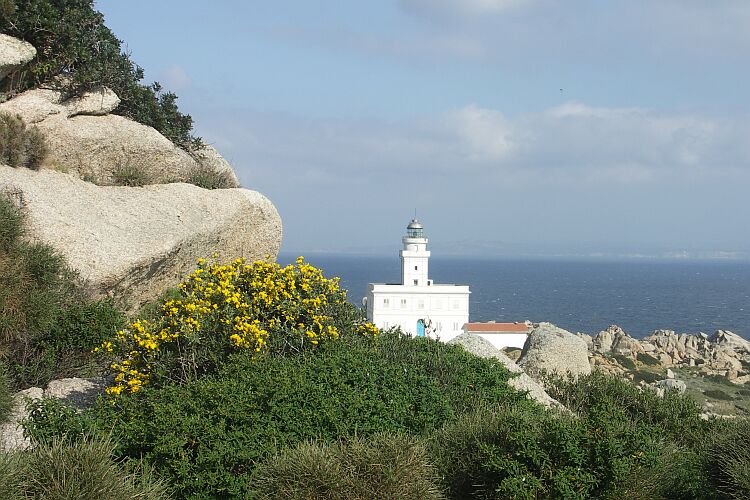 Capo Testa, Leuchtturm, im Dunst Korsika