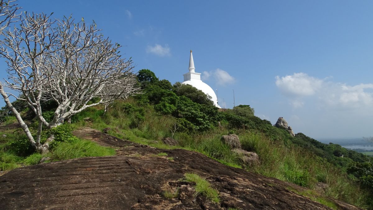 Stupa mit eingehauenen Felsenstufen im Vordergrund